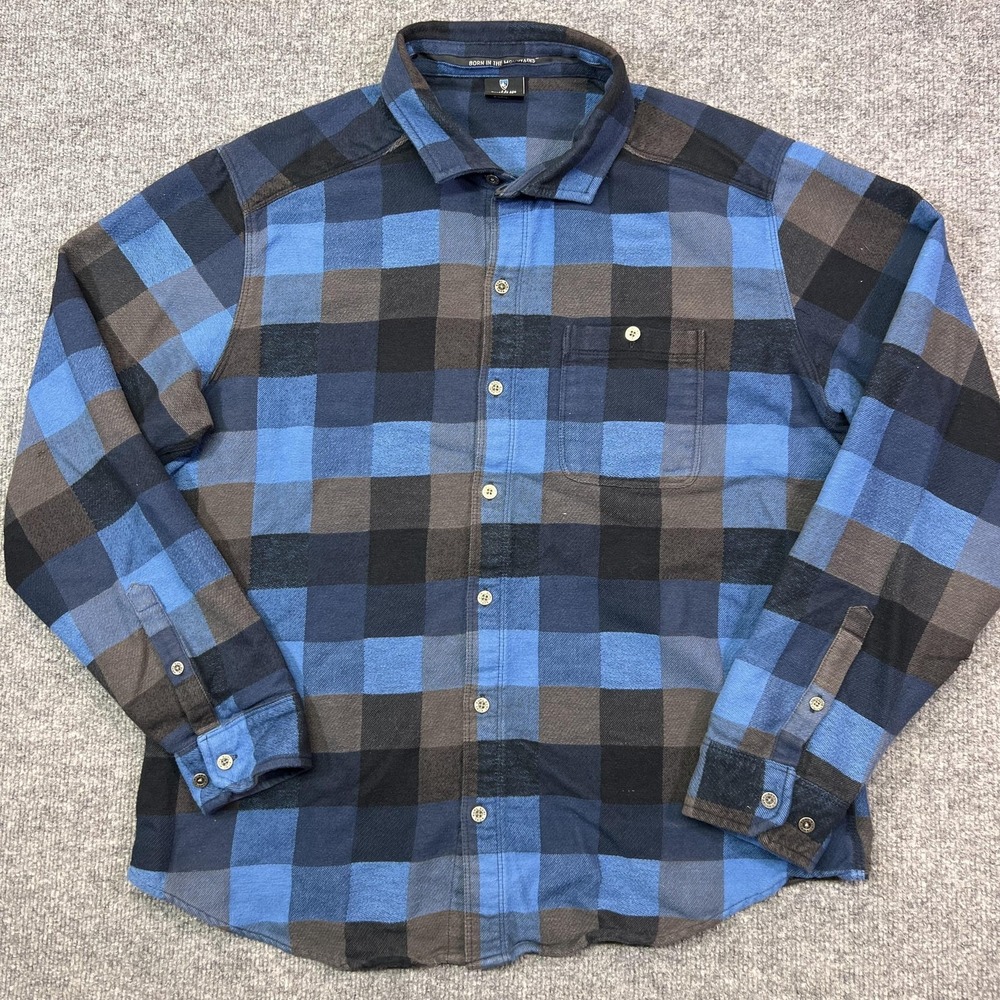 Kuhl Men's Flannel Button Up Shirt Large Blue Plaid Long Sleeve 7336 *Flaw